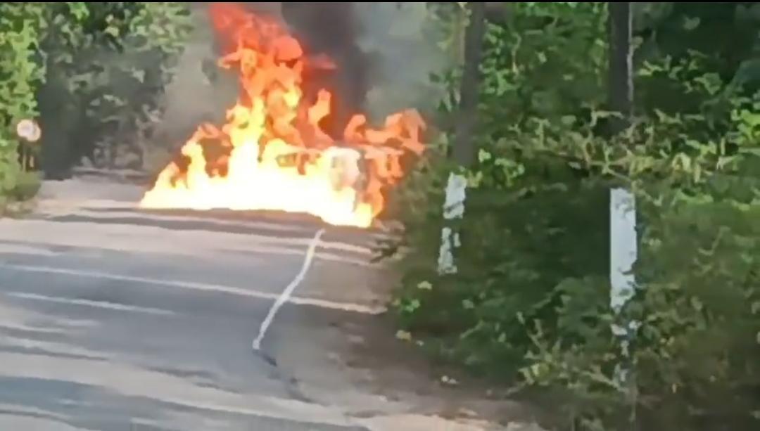 Ethanol tanker overturns, Catches fire in Ankola; Driver critically injured