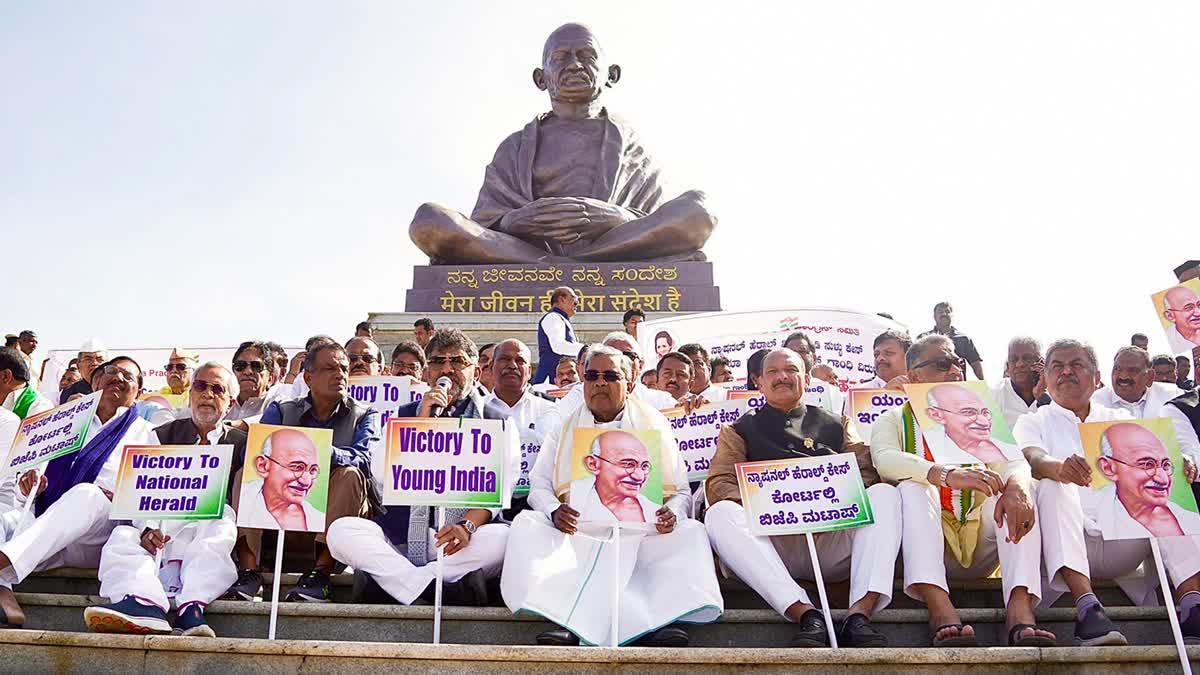 Karnataka CM and deputy lead Congress protest over MGNREGA row, National Herald “hate politics”
