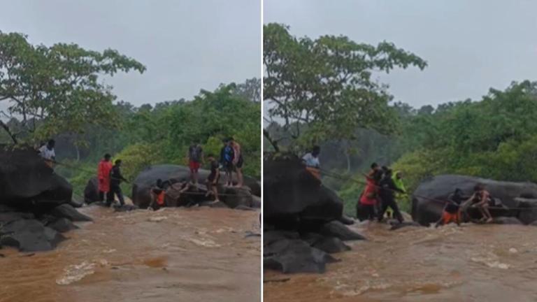 Locals rescue five tourists stranded on waterfall in Coastal Karnataka
